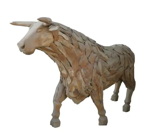 Product image of the product “Standing Bull. Artistic made made from single teak wood pieces. The head is carved wood. The size is 247cm Length. ”